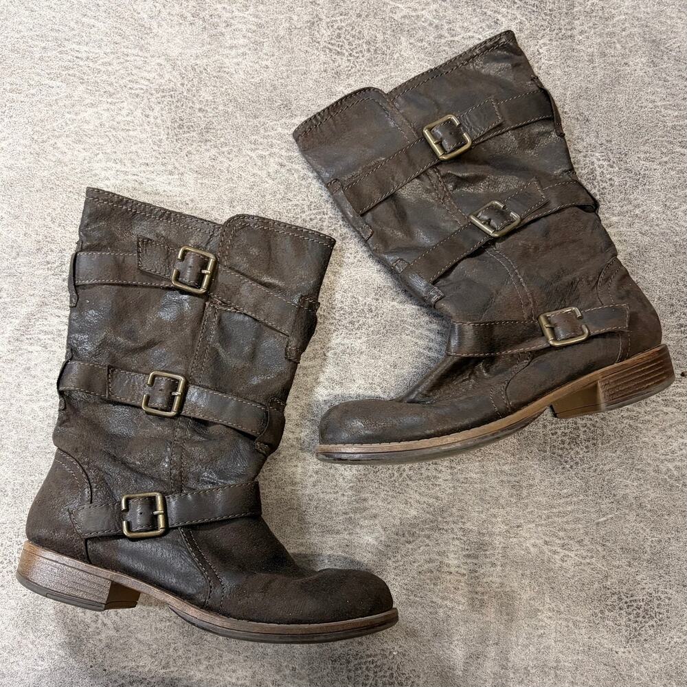 Distressed Brown Moto Buckle Combat Boots